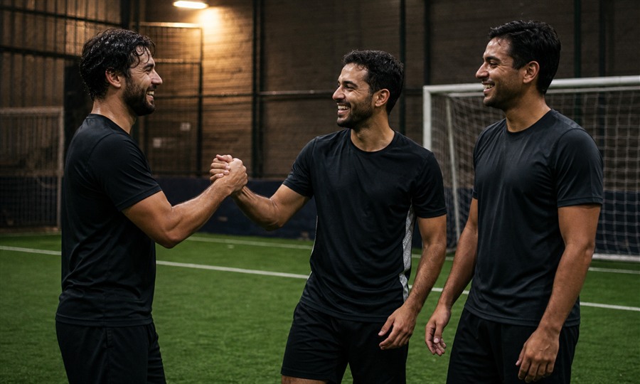 Amis après un match de foot indoor